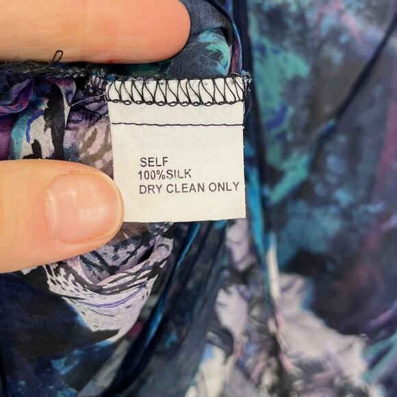 SINGLE City M Print Silk Long Sleeve Wrap Top Hi Low Sheer Multicolor Blue USA - Picture 8 of 10